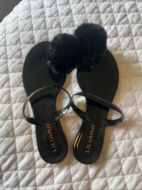 Liliana Black Pom-Pom Jelly Slip-On Sandals